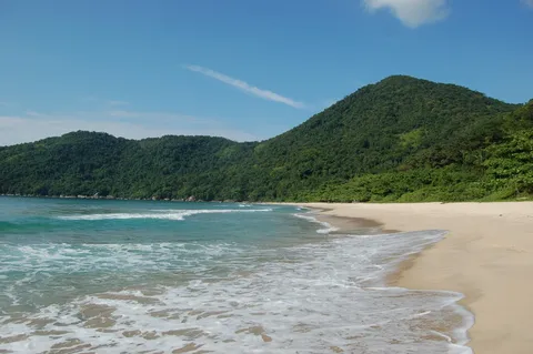 Praia de areia clara e mar aberto, com a montanha coberta de mata